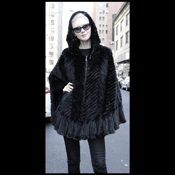 Black Knit Mink Fur Poncho with Hood